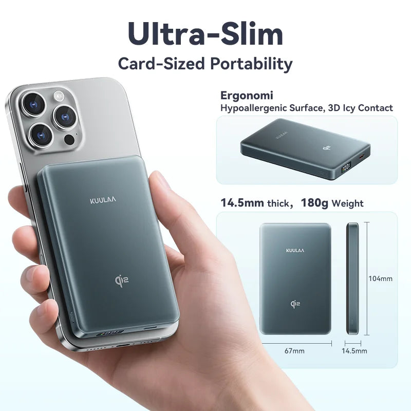 Magnetic Qi2 Power Bank 10000mAh 15W Wireless Portable Fast Charger with USB-C for Smartphones