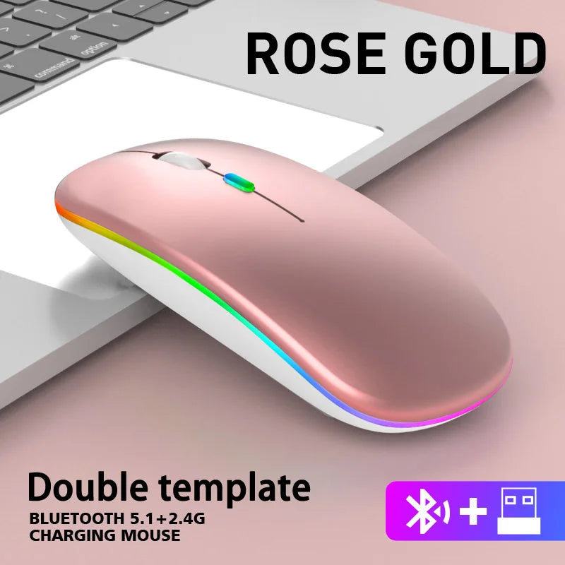 Rechargeable Bluetooth & 2.4GHz Wireless Mouse — Silent Click, RGB, Ergonomic, USB-C Charging for PC Mac iPad Laptop Phone TV
