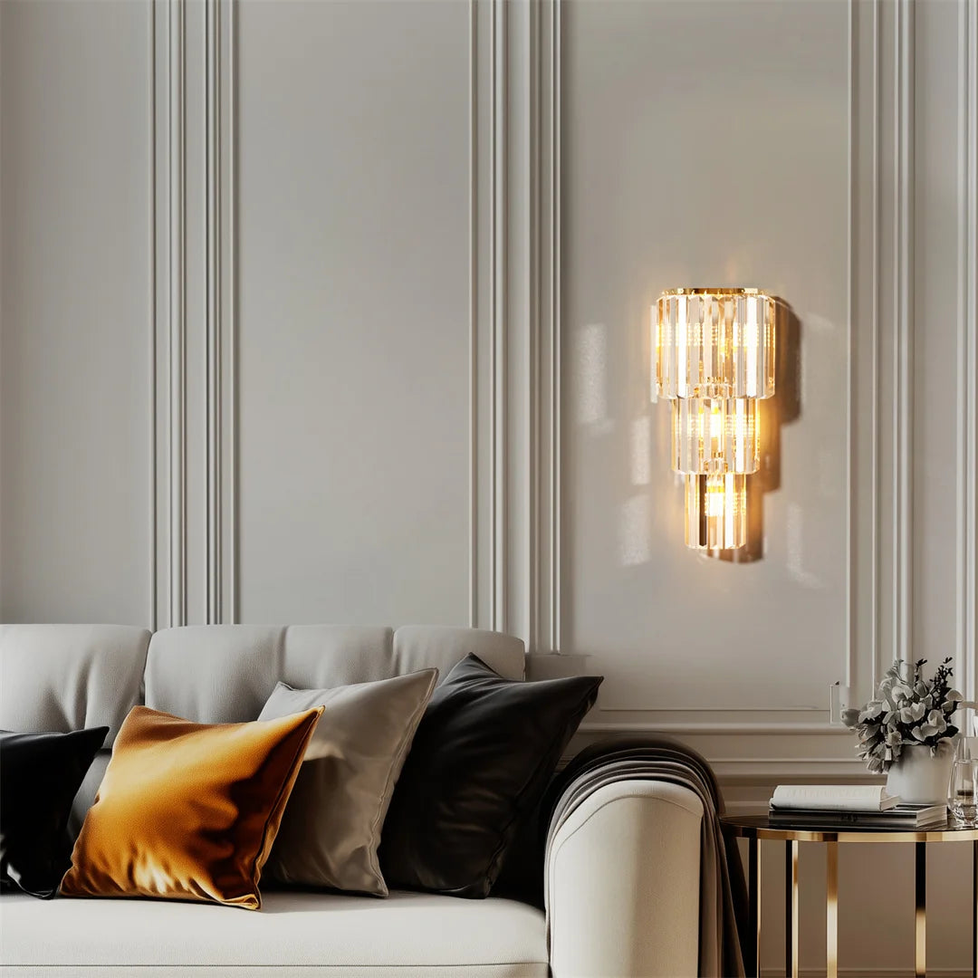 Modern 3-Tier Crystal Wall Sconce - Gold Dimmable E14 LED Wall Lamp