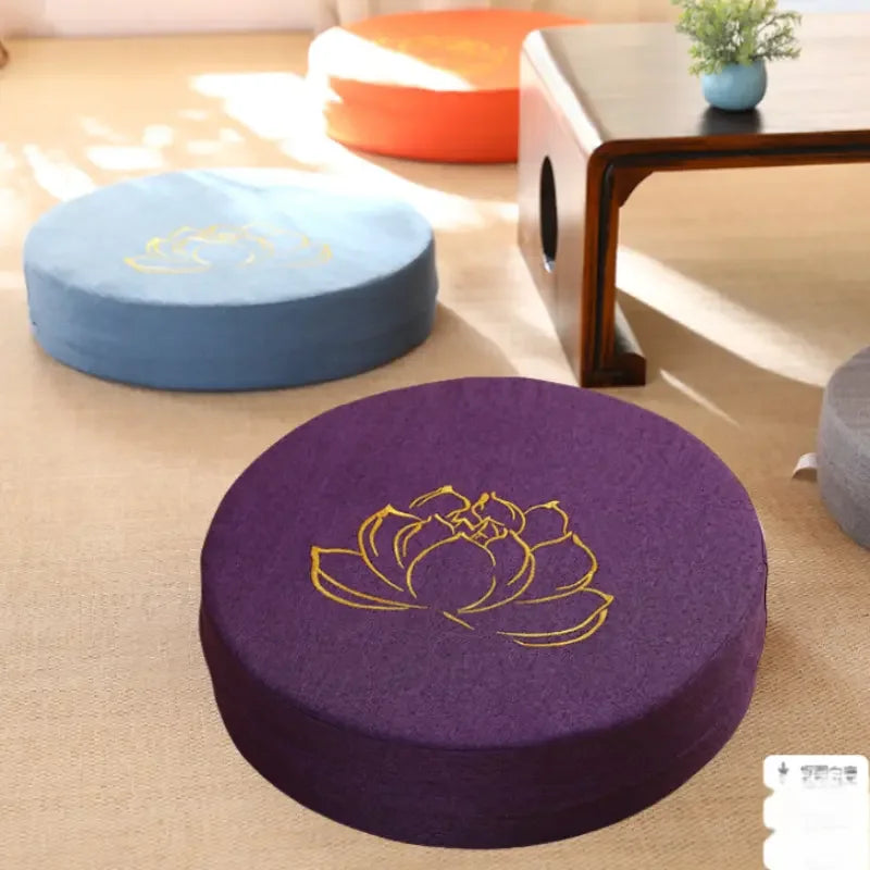 Round Linen Meditation Cushion 40 x 6 cm (16 x 2.4 in) - Firm Lotus Texture Floor Seat Pillow, Removable Washable Cover, Tatami Backrest