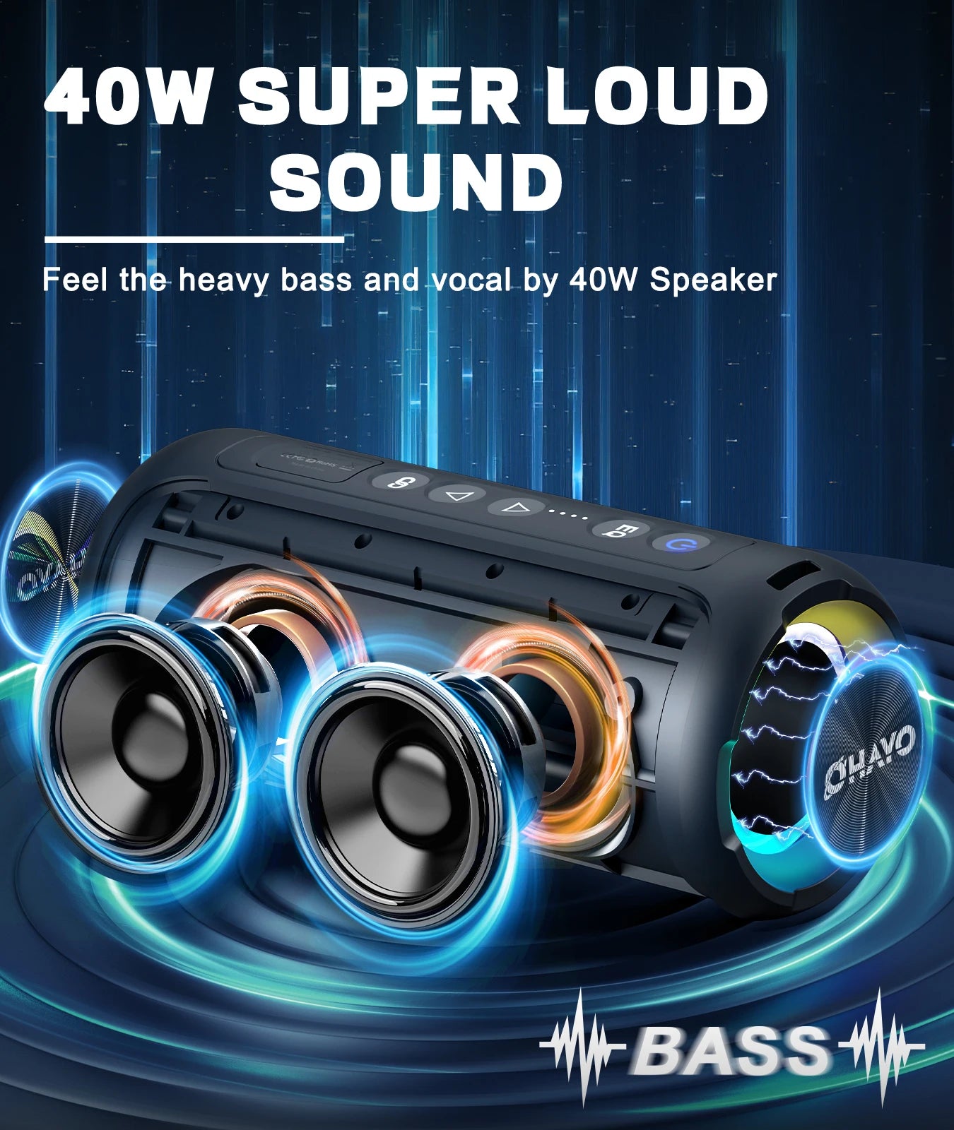 40W Portable Bluetooth Speaker - IPX7 Waterproof, Deep Bass, 30H Playtime, LED Light Show, 3 EQ Modes, Bluetooth 5.3, TF/AUX