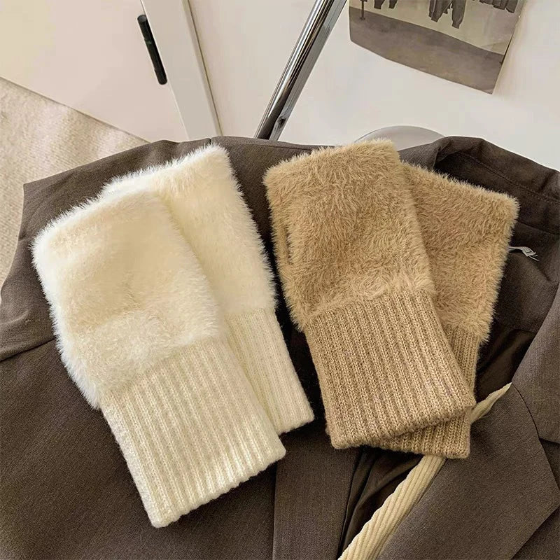 Faux Mink Fleece Fingerless Gloves for Women - Plush Knitted Half-Finger Wrist Mittens for Driving & Writing (One Size 16 x 9 cm / 6.3 x 3.5 in)