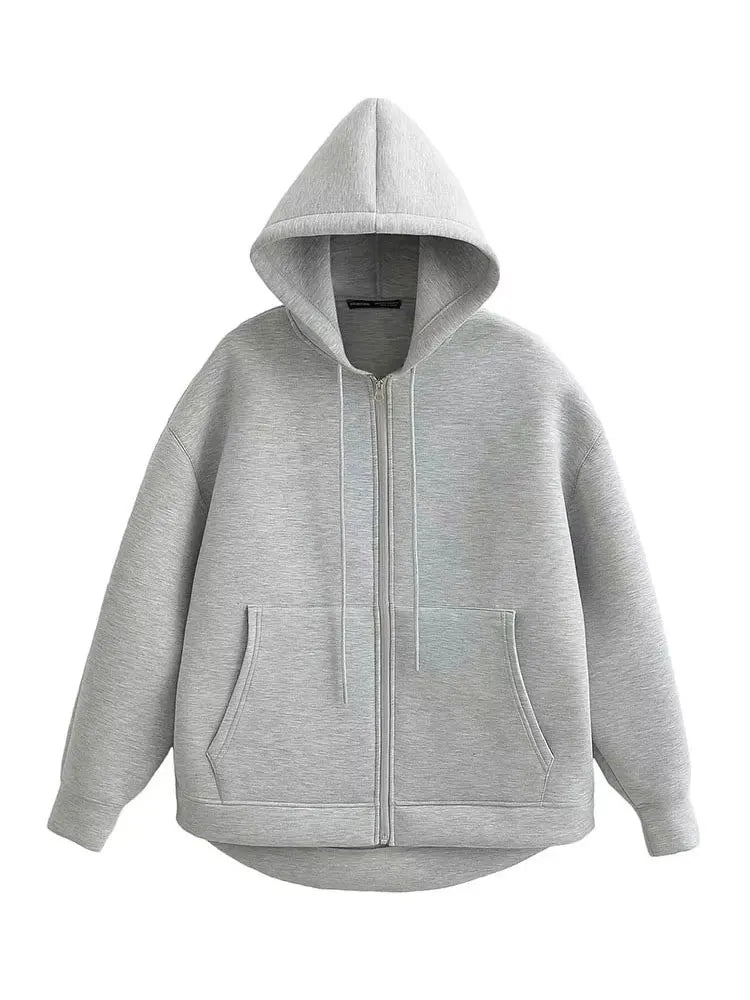 Women's Gray Hooded Zipper Jacket with Large Pockets Loose Long Sleeve Casual Coat