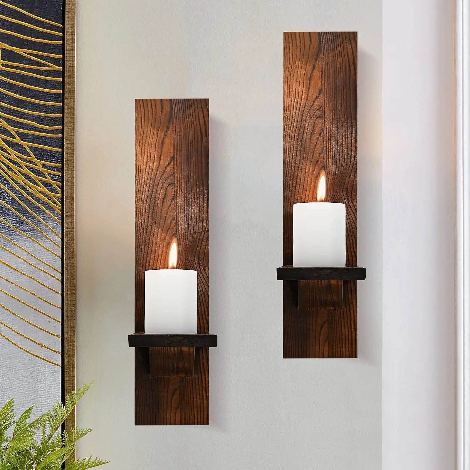 Set of 2 Wooden Wall Candle Sconces 15 in x 3.5 in x 4.3 in (38.1 x 8.9 x 10.9 cm) Rustic Wall-Mount Pillar Candle Holders