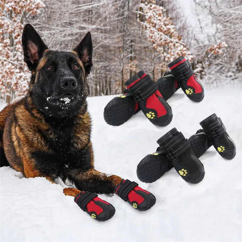 Waterproof Dog Boots 4-Pack – Warm Snow & Rain Booties for Medium/Large Dogs, Reflective Anti-Slip Pet Shoes