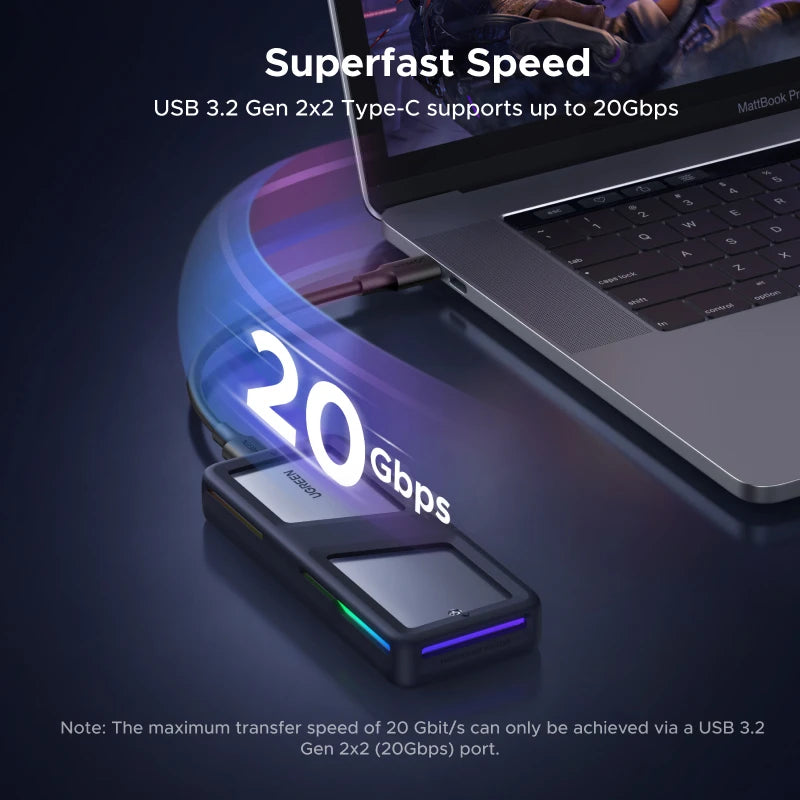 20Gbps M.2 NVMe/SATA SSD Enclosure - USB 3.2 Gen2x2 Type-C External Adapter with RGB Lighting