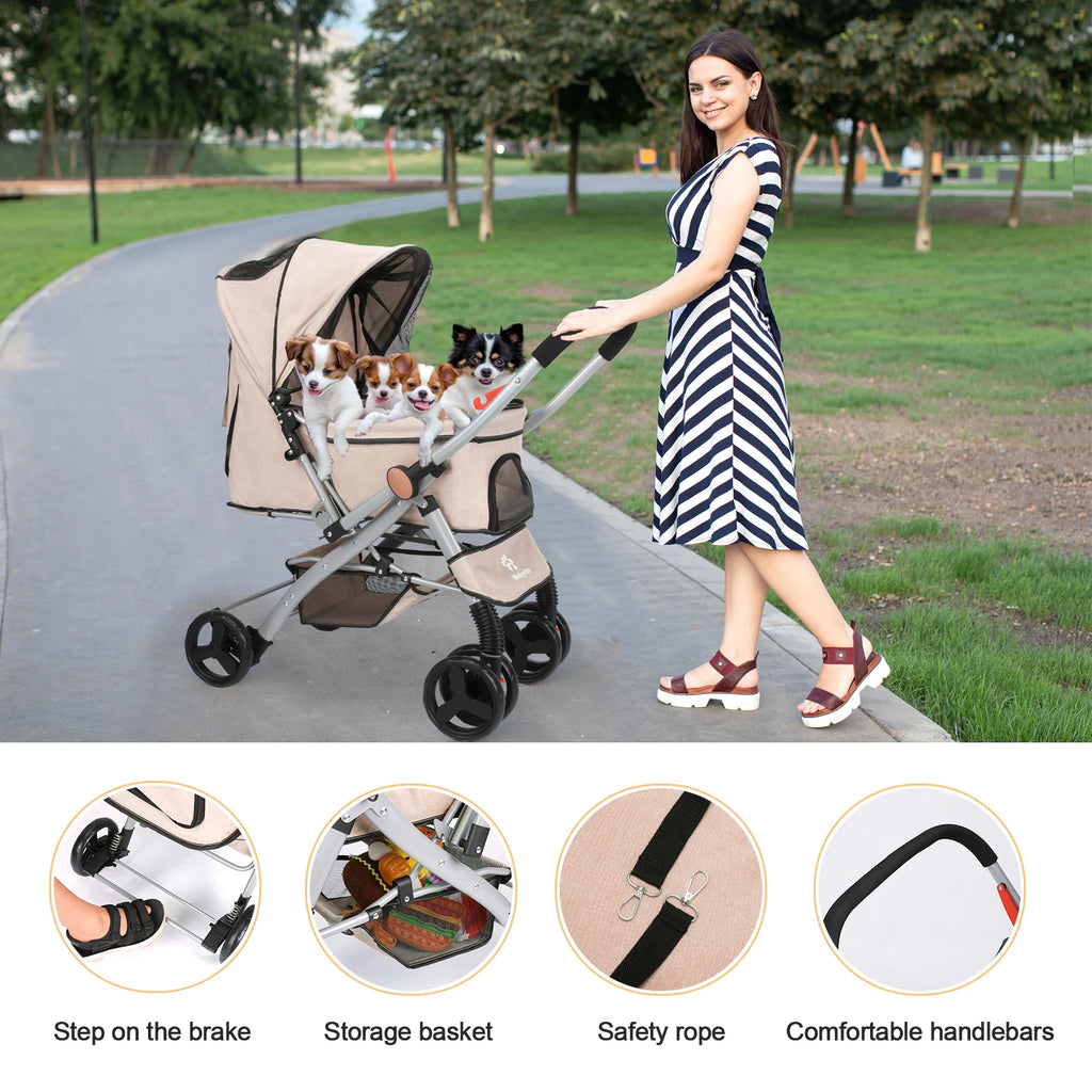 Foldable Pet Stroller for Cats and Dogs, Detachable Shock-Absorbing Travel Carrier, Easy Assembly, Dirt-Resistant
