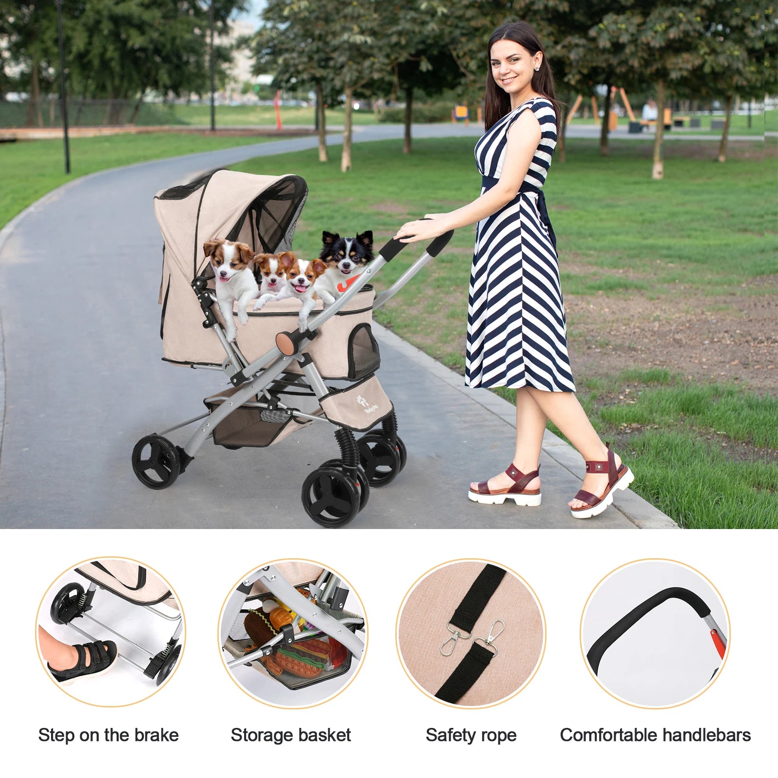 Foldable Pet Stroller for Cats and Dogs, Detachable Shock-Absorbing Travel Carrier, Easy Assembly, Dirt-Resistant