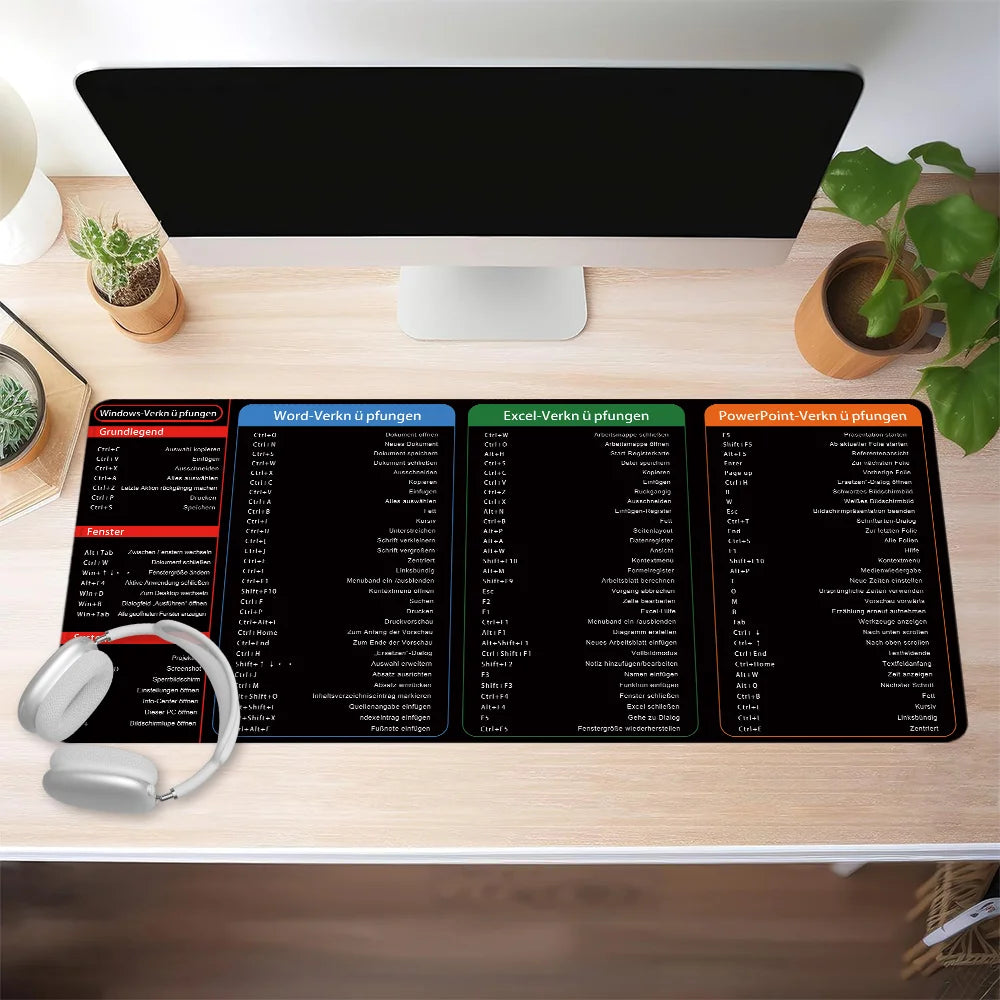 German Excel Shortcuts Large Desk Mouse Pad – Anti-Slip Keyboard Mat for Office Workers & Students