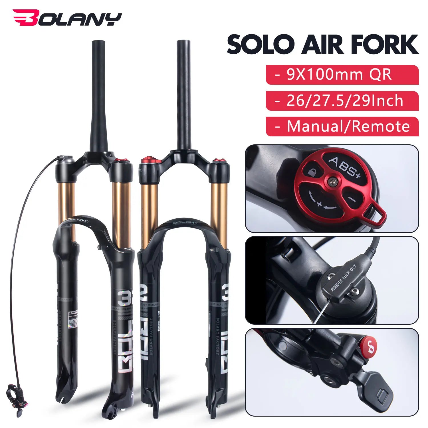 Mountain Bike Air Suspension Fork 26/27.5/29 Inch 100mm Travel (120mm Exposed) Air & Oil Damping Remote Lockout 9mm Axle 32mm Stanchions Disc Brake