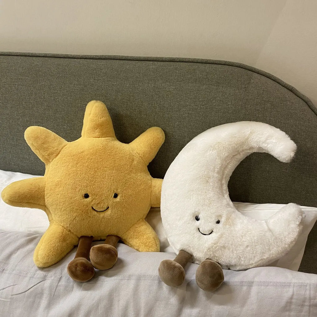 Smiling Sun & Moon Plush Pillow Set – Cute Cartoon Weather Plushies, Sun 14 in / 20 in (35/50 cm) & Moon 12 in / 19 in (30/48 cm)
