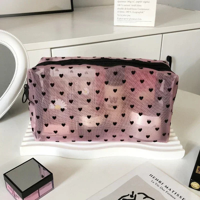 Heart-Shaped Mesh Cosmetic Bag - Zipper Toiletry Makeup Pouch for Women, Coin & Lipstick Organizer