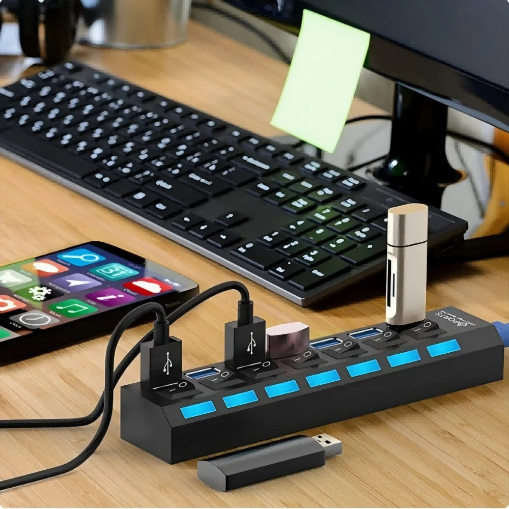 7-Port USB 2.0 Hub with Power Adapter, LED Indicators & On/Off Switch – 30 cm Cable, Portable USB Splitter for Laptop & PC