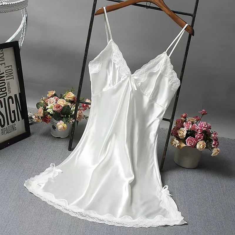 Women's Satin Lace Trim Slip Nightdress Spaghetti Strap Silky Nightgown Sleepwear