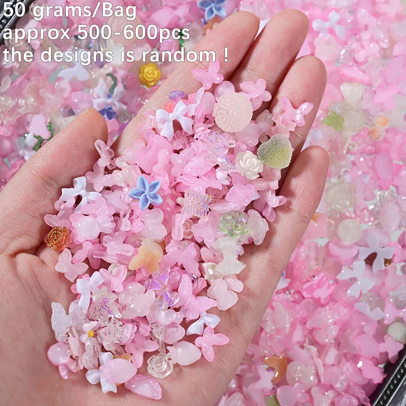 500pcs White Nail Charms & Pearls — Mixed Shapes (Heart, Bowknot, Star, Teardrop) Rhinestones for Nail Art & DIY Crafts