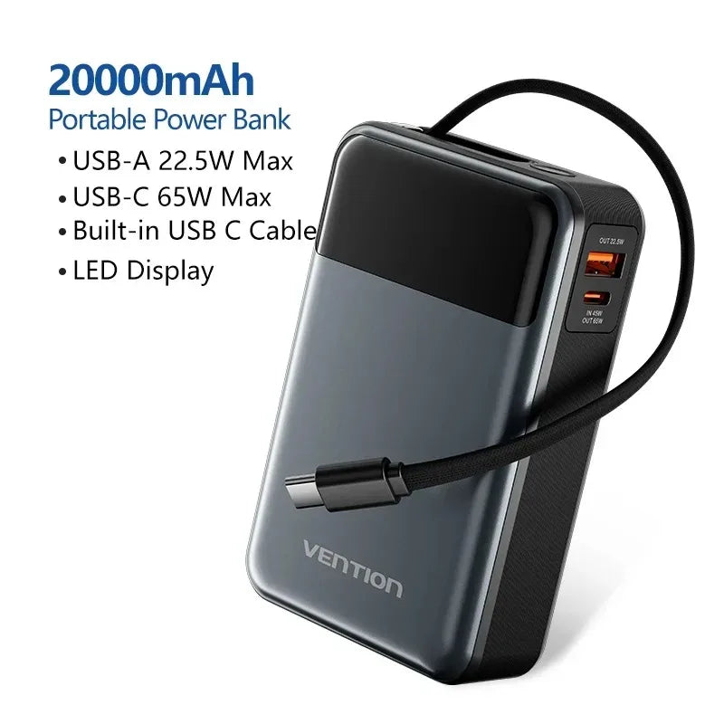 20000mAh 65W PD Power Bank with Built-in USB-C Cable, Portable Fast Charger for Laptops, Phones & Tablets