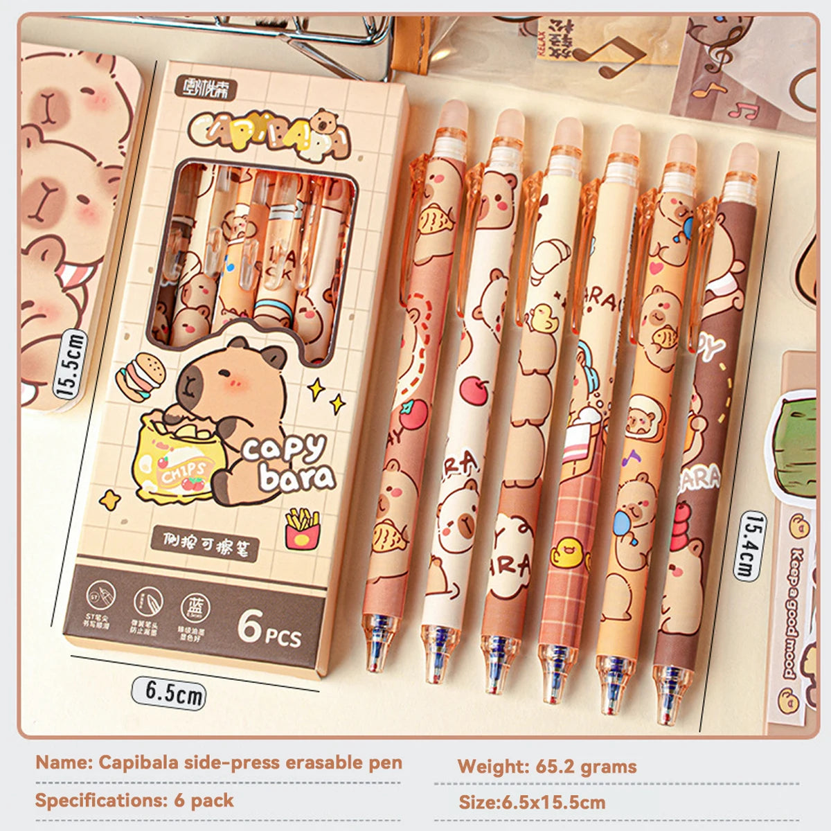 Capybara Erasable Gel Pens 6-Pack Refillable 0.5mm Smudge-Free Cute Animal Stationery for School & Office