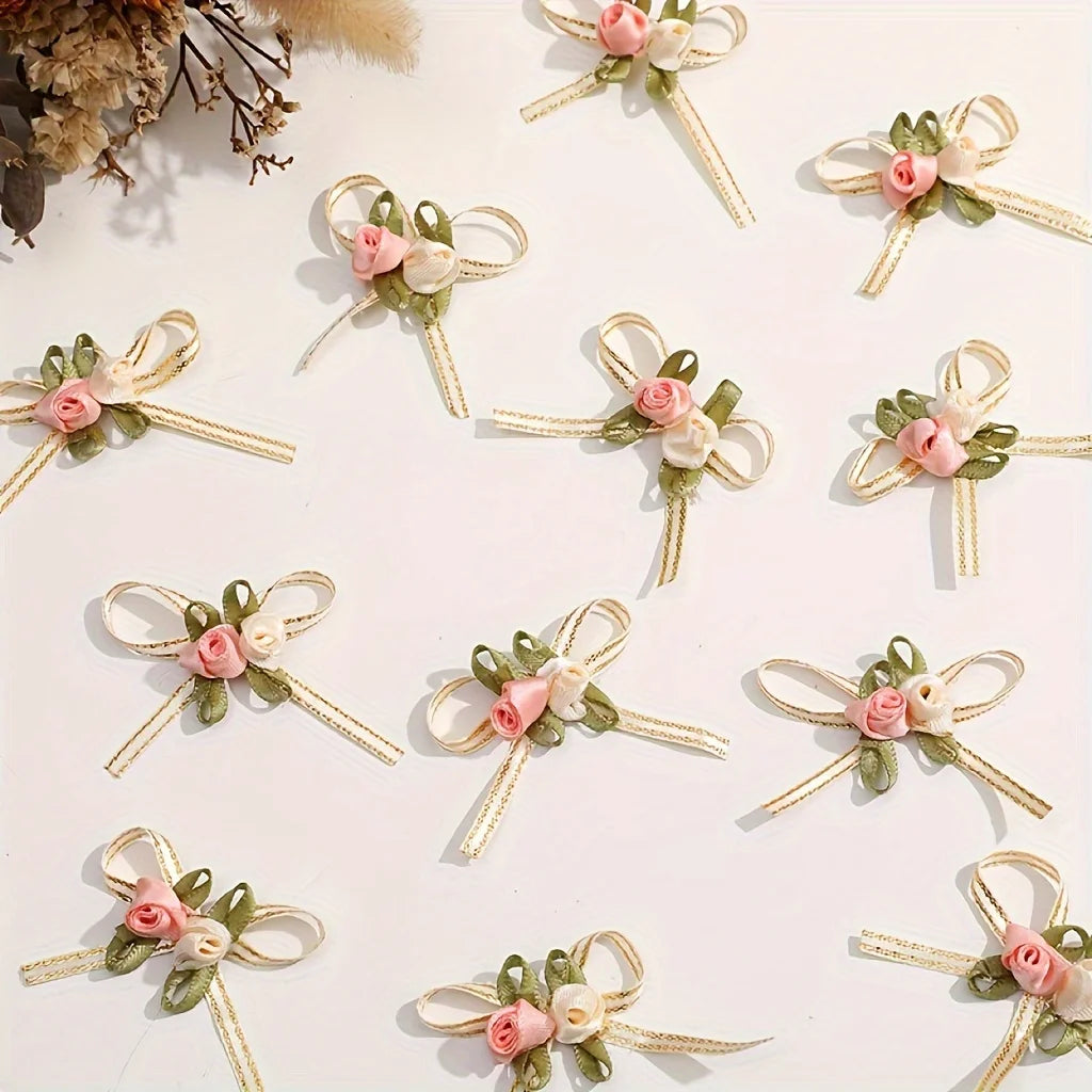 50-Pack Rose Ribbon Bows, Mixed Color Floral Accents for Gift Wrapping, Weddings & DIY Crafts