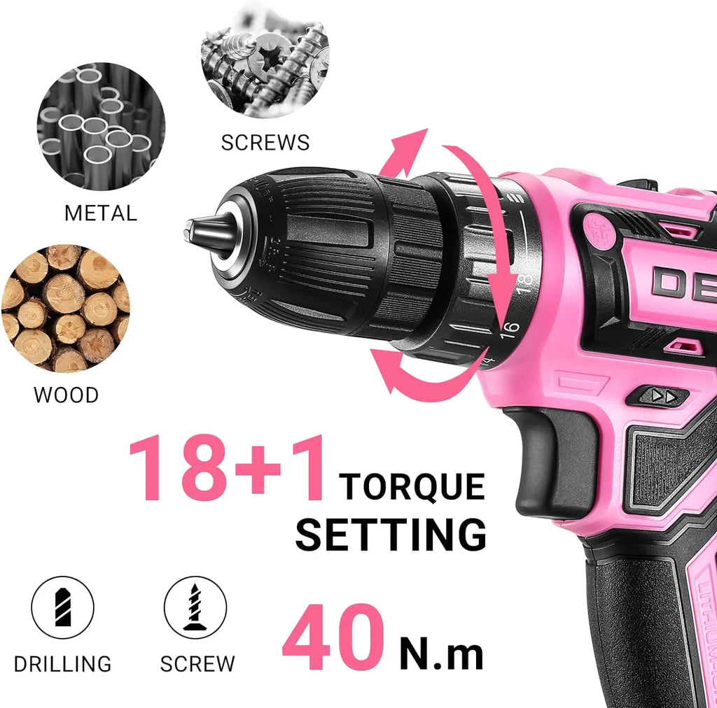 Pink Cordless Drill 20V 1.5Ah Electric Drill Set - Compact Lightweight Power Drill with Battery, Charger & Bits for Women