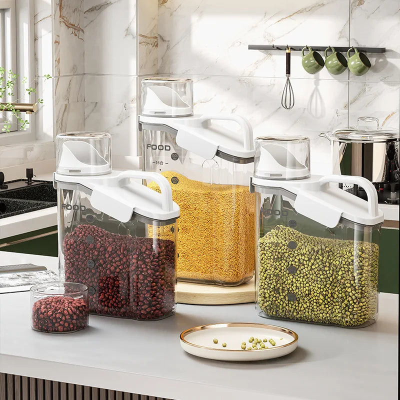 Airtight Transparent Food Storage Container - Cereal Dispenser with Funnel Spout & Built-In Measuring Cup, Stackable BPA-Free Pantry Organizer for Grains Snacks Pet Food