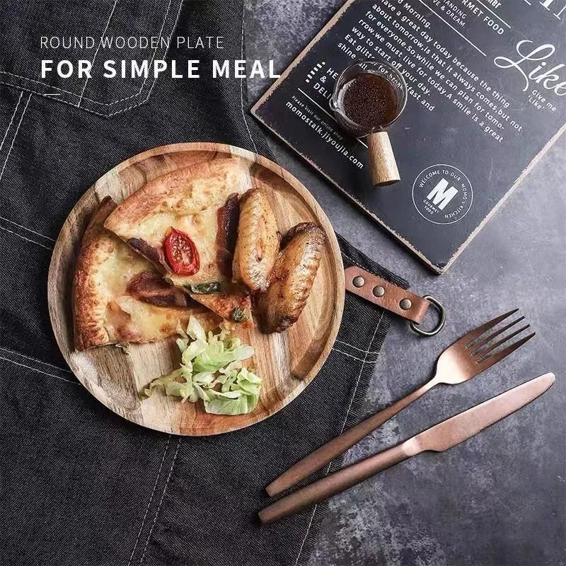 Acacia Wood Round Serving Platter Tray – 15/20/25 cm (6/7.9/9.8 in) Pizza Salad Dessert Plate