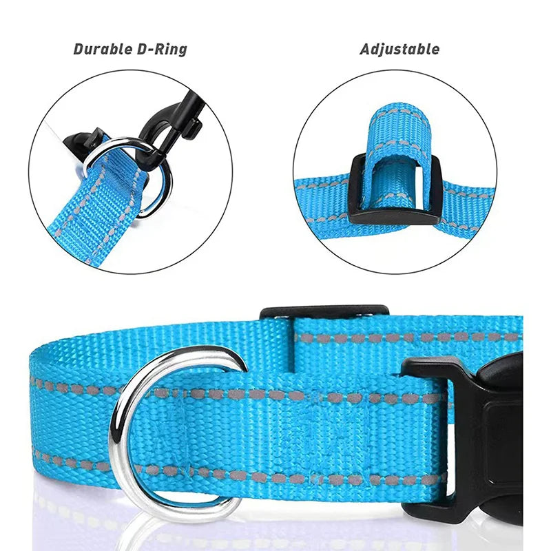 Reflective Adjustable Nylon Dog & Cat Collar — Padded Anti-Choke, Anti-Slip with Quick-Release Buckle (L: 40–60 cm / 15.7–23.6 in; XL: 45–70 cm / 17.7–27.6 in)