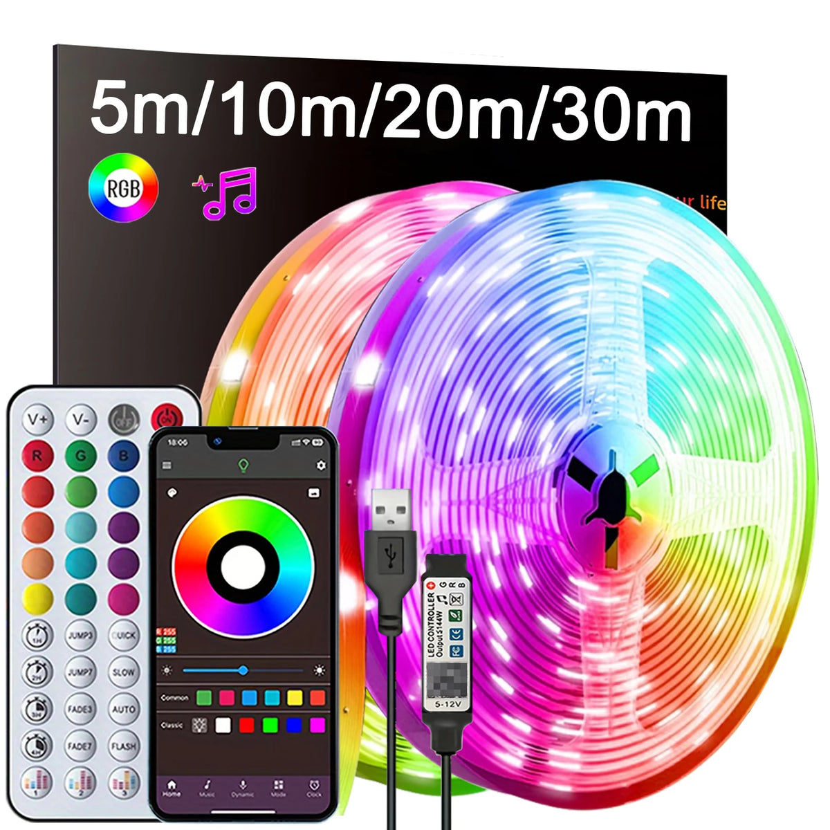 RGB LED Strip Lights USB 5V – Flexible LED Tape for Bedroom & Home Decor, App & Music Sync (1m/2m/3m/5m/10m/15m/20m/30m)