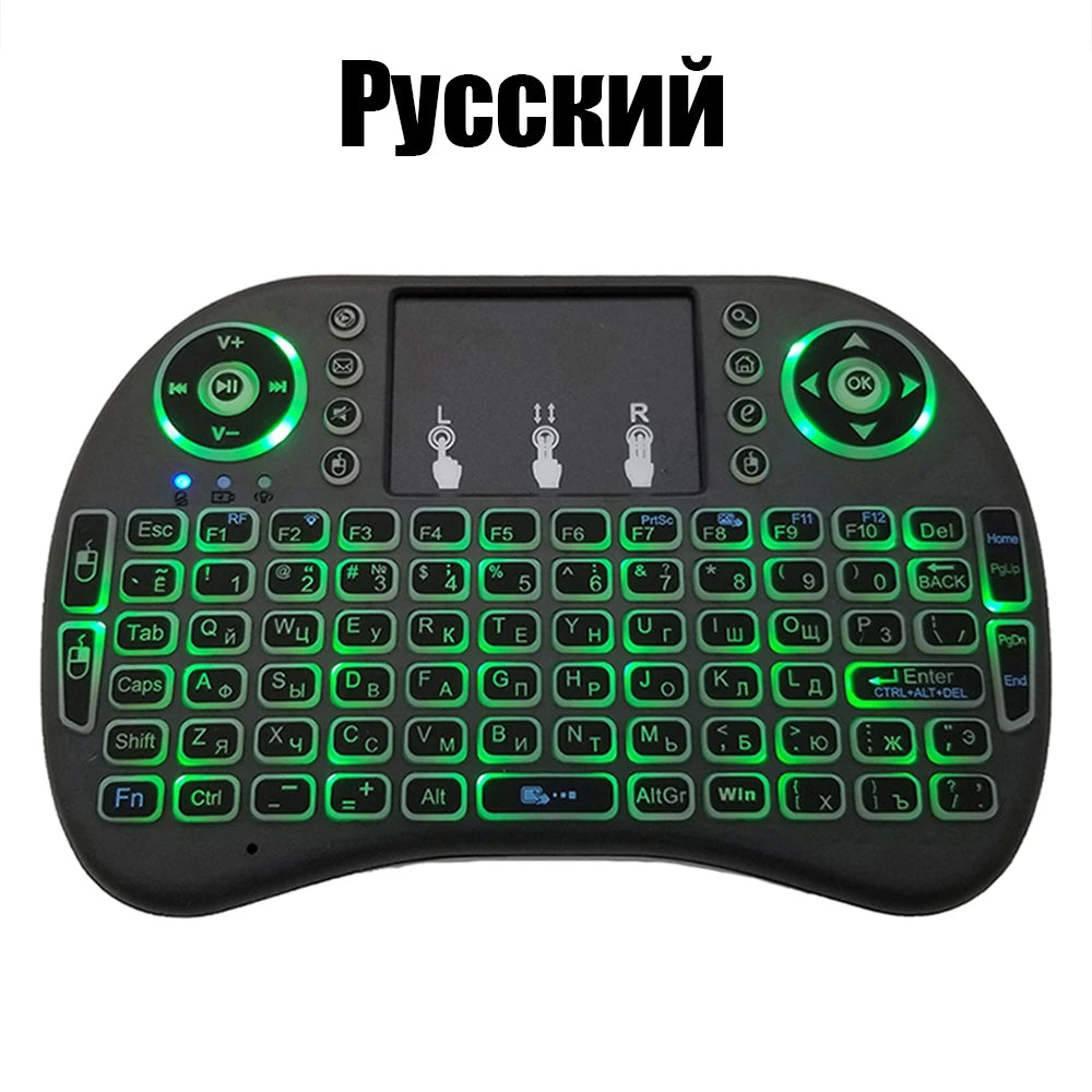 2.4G Air Mouse Touchpad Keyboard – Backlit Mini Wireless QWERTY Remote for PC & Android TV Box (Arabic, French, Spanish, Russian)