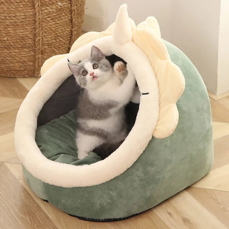 Cartoon Cat Bed Foldable Removable Washable Plush Pet Cave Bed for Cats and Small Dogs