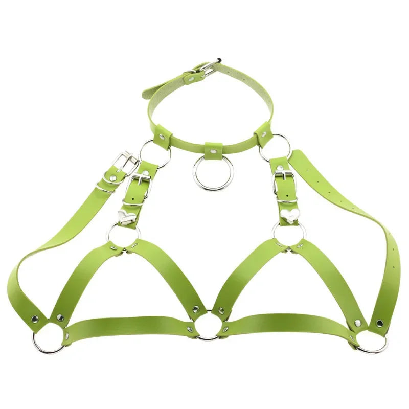 Black Goth Faux Leather Body Harness Chain Chest Belt Top for Punk Rave Festival