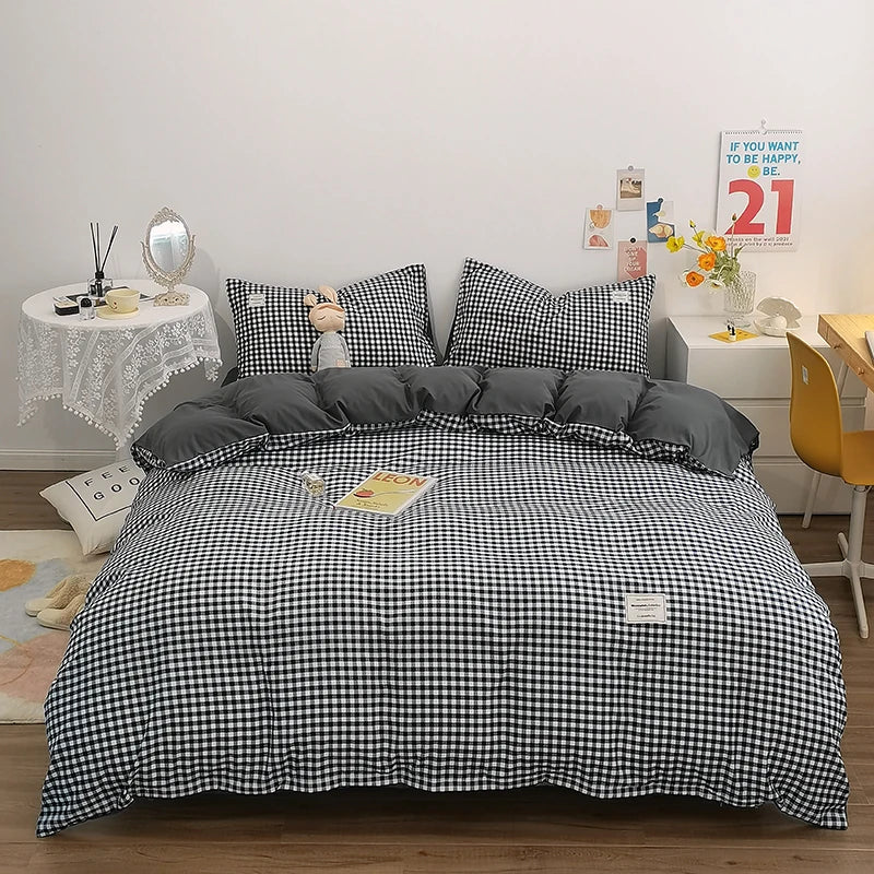100% Cotton Plaid Stripe Duvet Cover Set - 3-Piece Breathable Washed Twill Bedding (1 Duvet Cover + 2 Pillowcases)