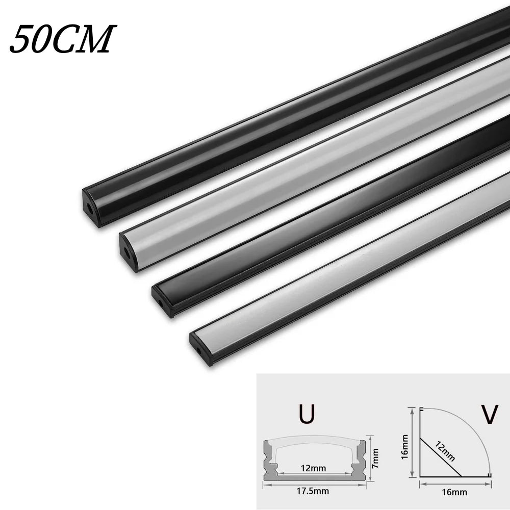 LED Aluminum Profile Channel with Black PC Cover U/V Shape 0.5m (50cm / 19.7in) 1–30 Pack Fits 8–12mm LED Light Strips
