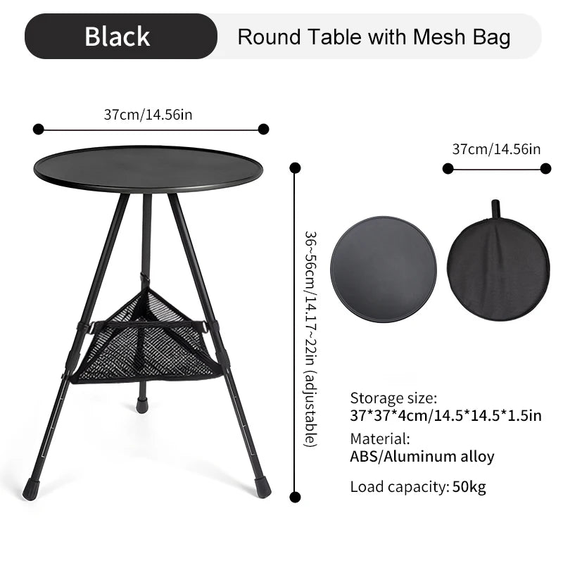 Round Folding Camping Table 2-Pack — 14.5 in (37 cm) Ultralight Portable Adjustable Height with Mesh Storage Bag for Camping, Picnic & Indoor