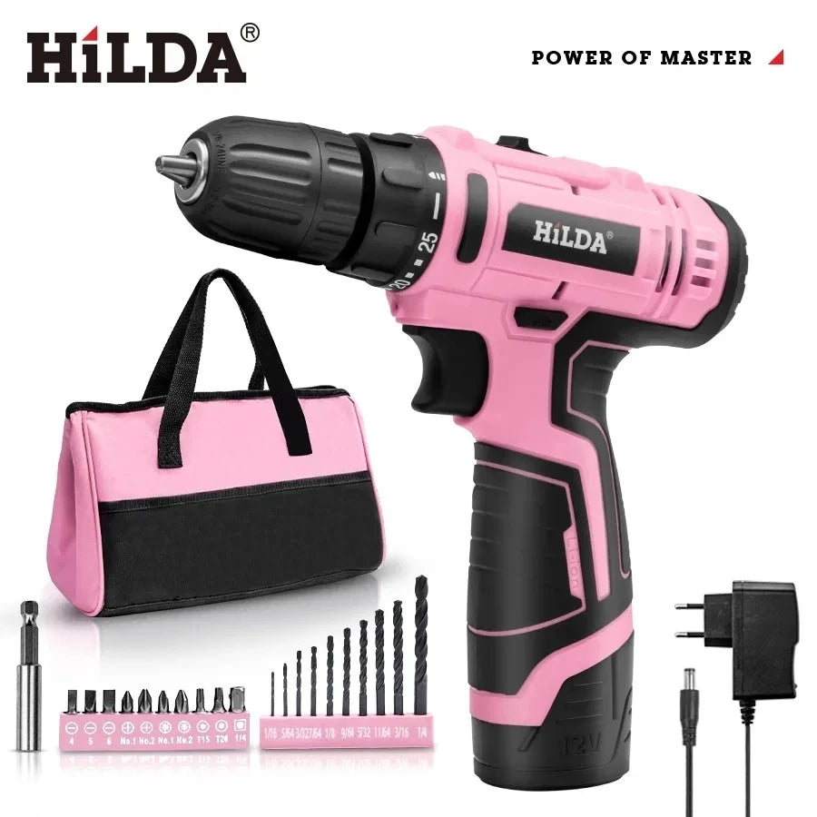 12V Mini Cordless Brushless Drill - 25+1 Torque Portable Electric Screwdriver Kit (Pink)