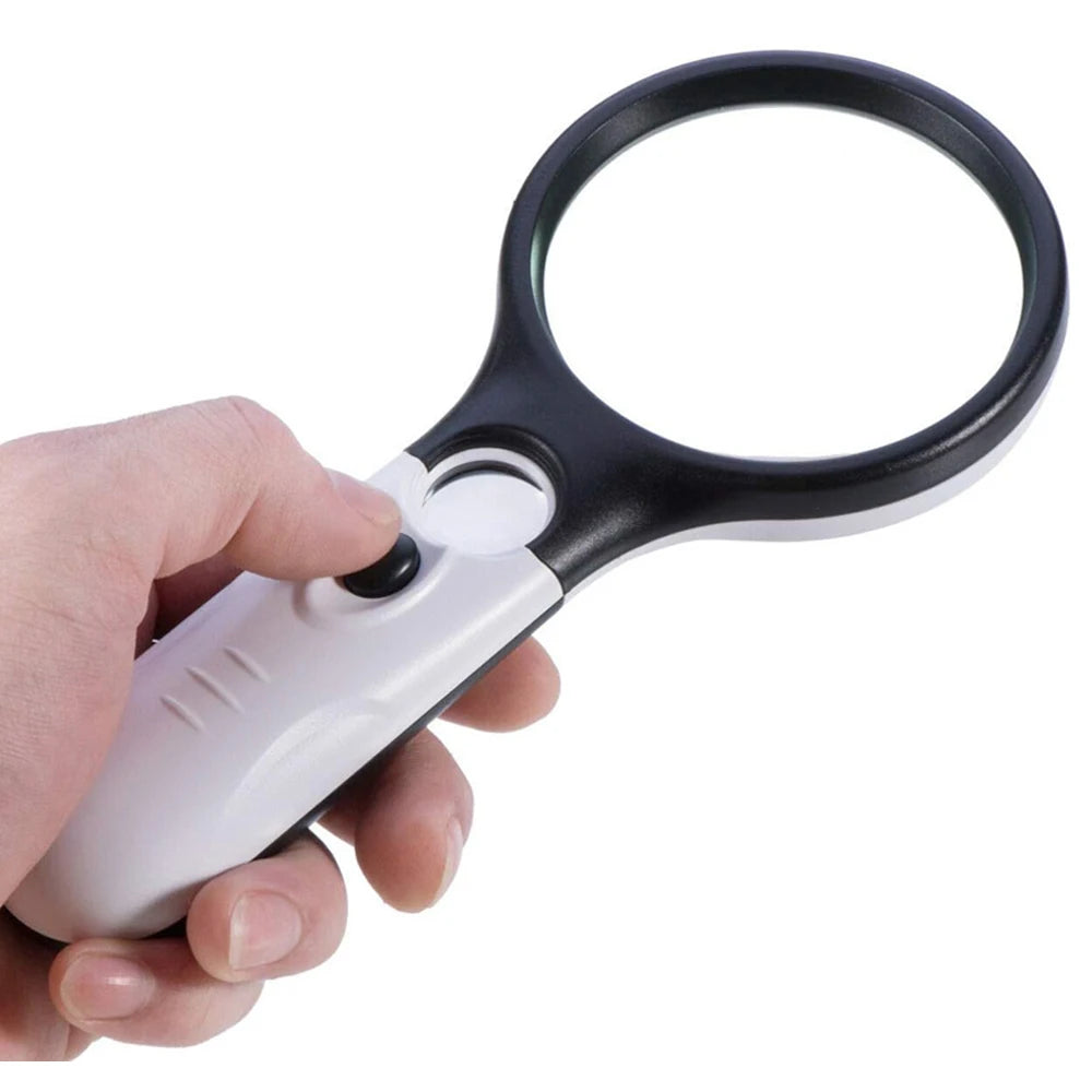 White Handheld Magnifying Glass 3X & 45X with 3 LED Lights — Reading, Jewelry, Coins, Stamps