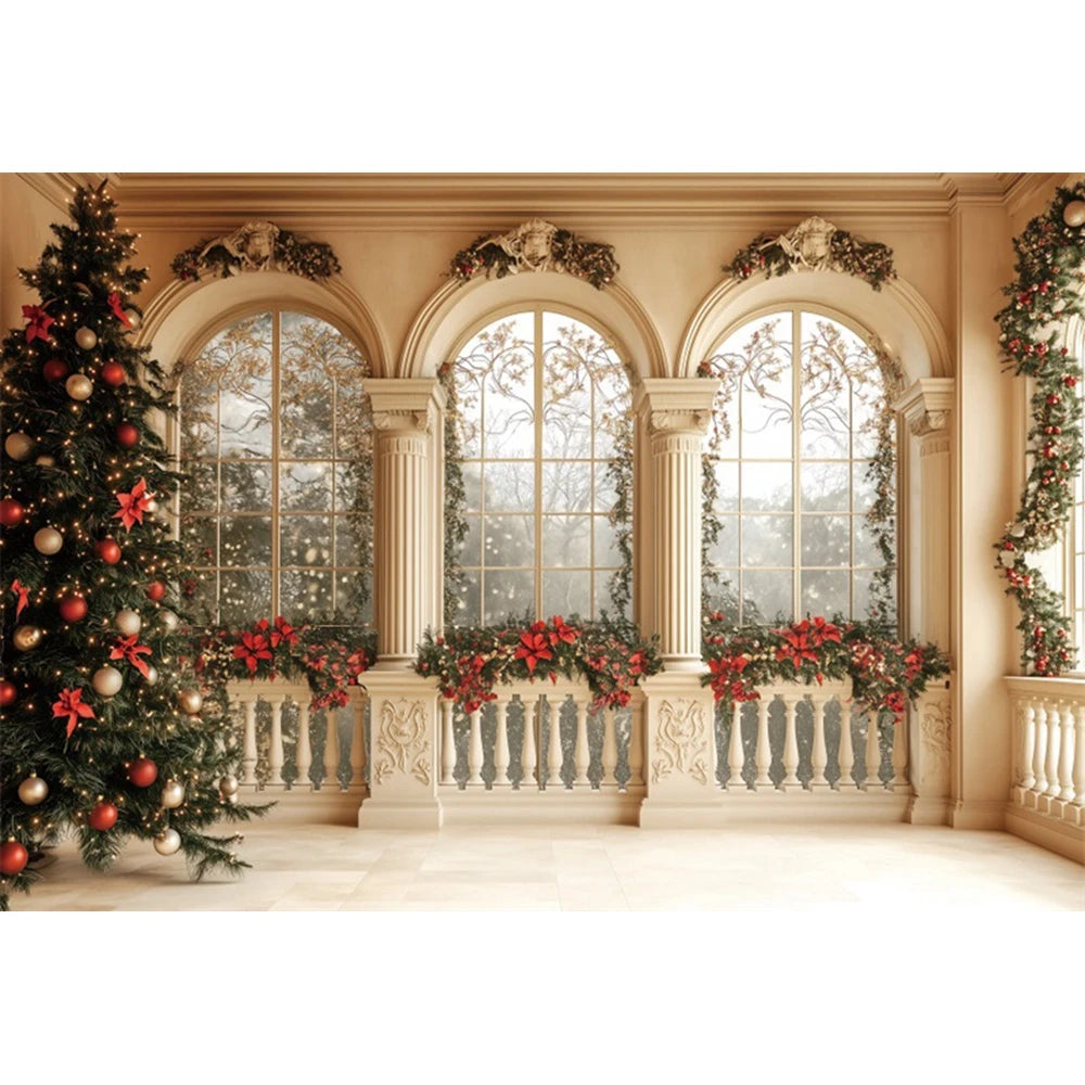 Christmas Fireplace Photography Backdrop — Gingerbread House & Wooden Window Holiday Photo Background for Kids & Family