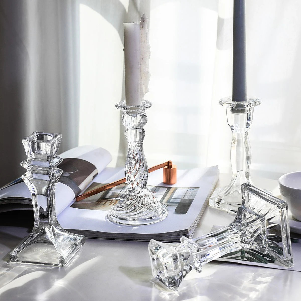 Clear Glass Pillar Candle Holder Table Candlestick for Dining Room Decor