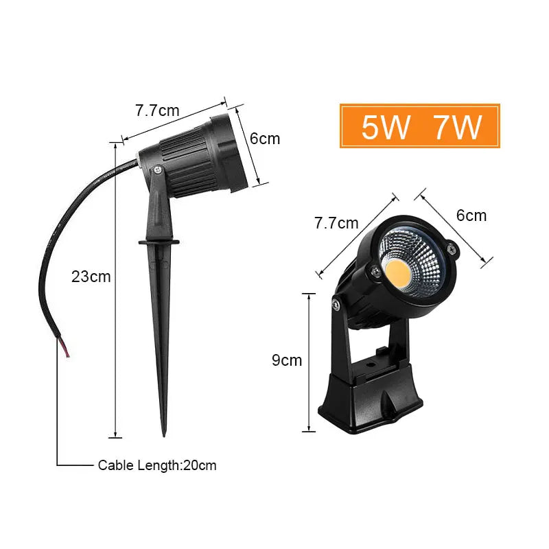 LED COB Spike Garden Path Light - 5W–20W Waterproof Outdoor Lawn Spotlight, AC85–265V / DC12–24V