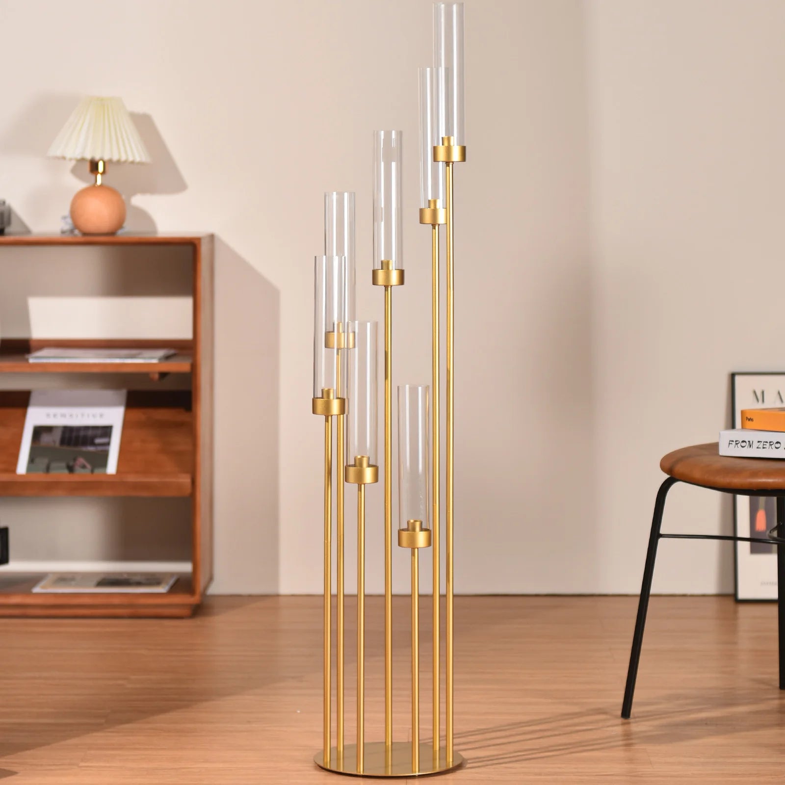 4-Pack 7-Arm Gold Floor Candelabra, 48 in (122 cm) Tall Metal Wedding Centerpiece with Removable Acrylic Shades