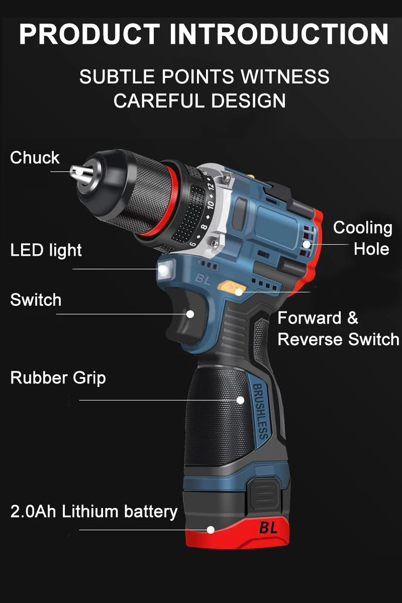 16.8V Brushless Cordless Drill & Impact Driver — 200 N·m Max Torque Electric Screwdriver for Home DIY