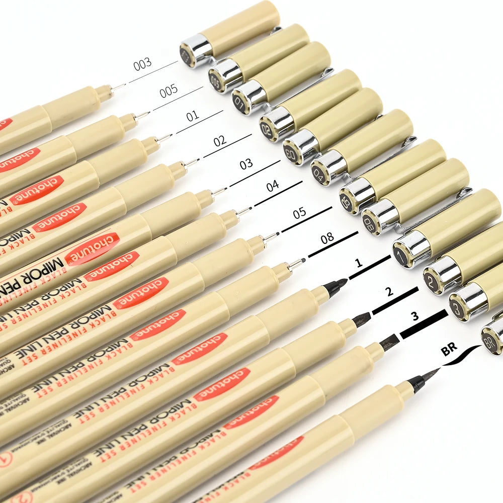 12-Pack Pigment Liner Ink Pens — Needle & Hook Tip Fineliners for Manga Drawing, Sketching & Illustration