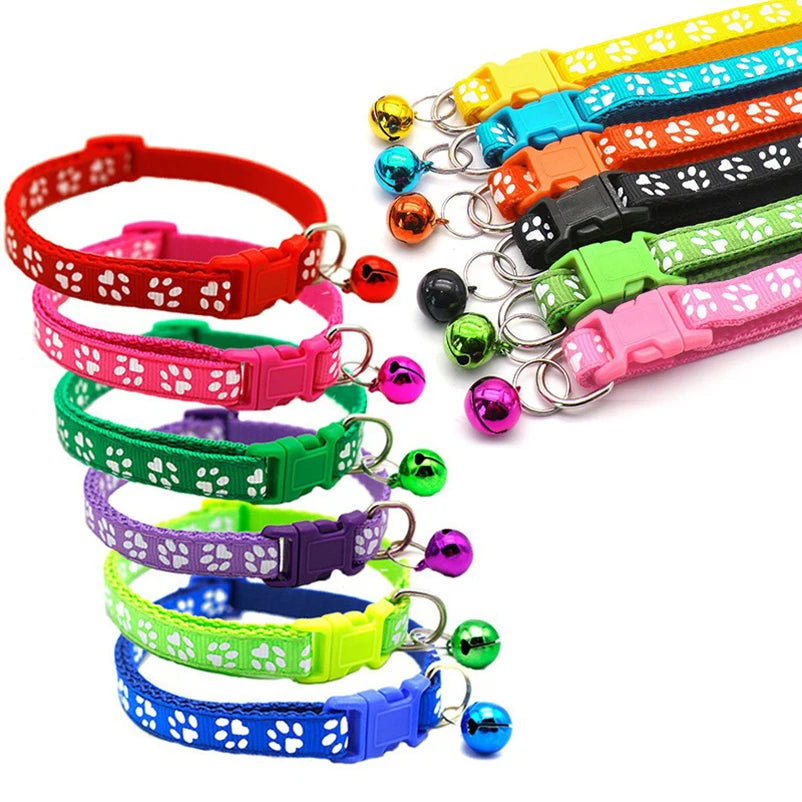 Adjustable Cat Collar with Bell and D-Ring, Dog-Print Rope Necklace, Multiple Colors