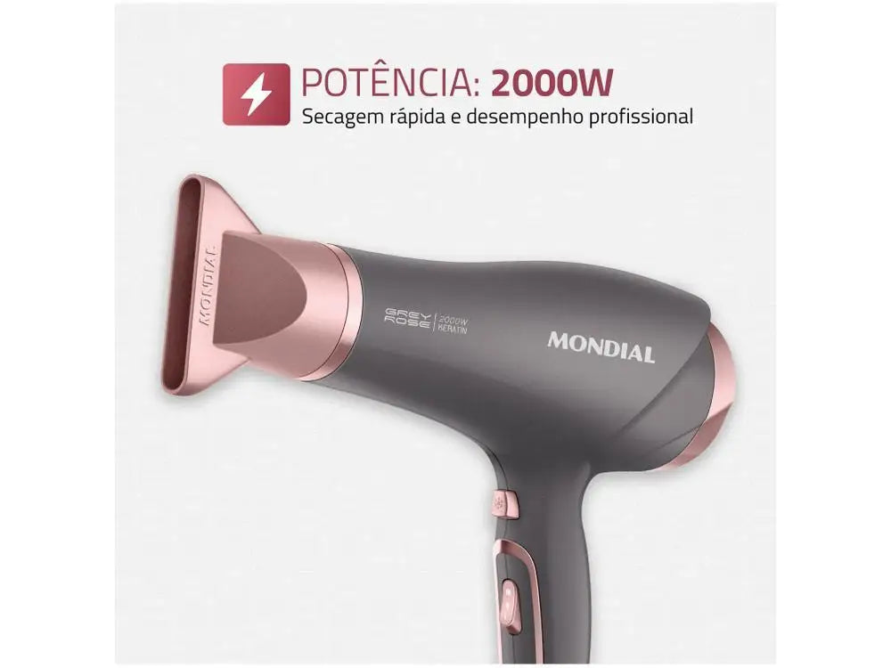 Keratin Hair Dryer 220V - Tourmaline Ionic, Ceramic Grill, Cold Shot & Concentrator Nozzle - Graphite/Rosé