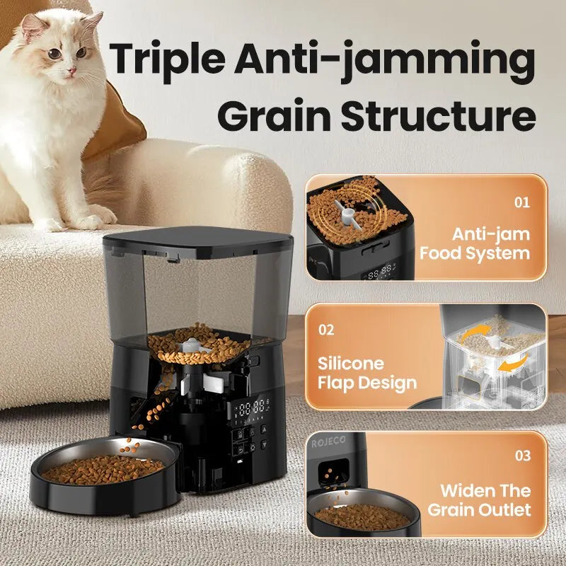 Automatic Pet Feeder Button Version - Programmable LCD Dry Food Dispenser for Cats & Dogs, Rechargeable