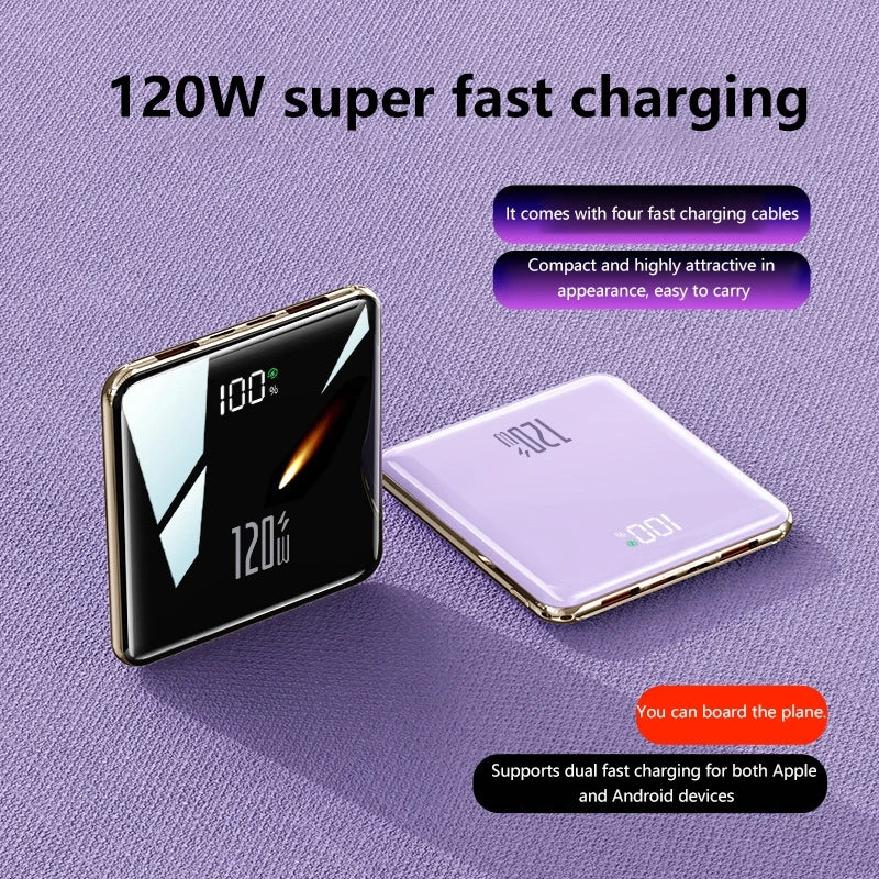 50000mAh Mini Power Bank - Large Capacity Fast Charging Portable Charger with 4 Built-In Cables (USB-C, Lightning, Micro USB) for Smartphones