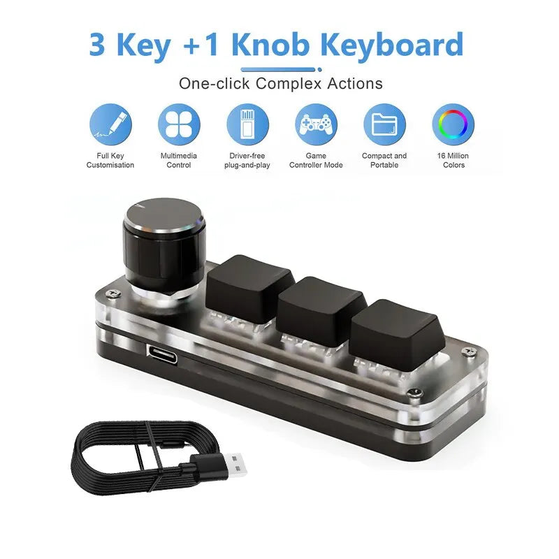 3-Key RGB Macro Pad — Mini Mechanical Keyboard with Programmable Knob, Hot-Swap Red Switches, USB-C, Custom Macros for Gaming & Photoshop