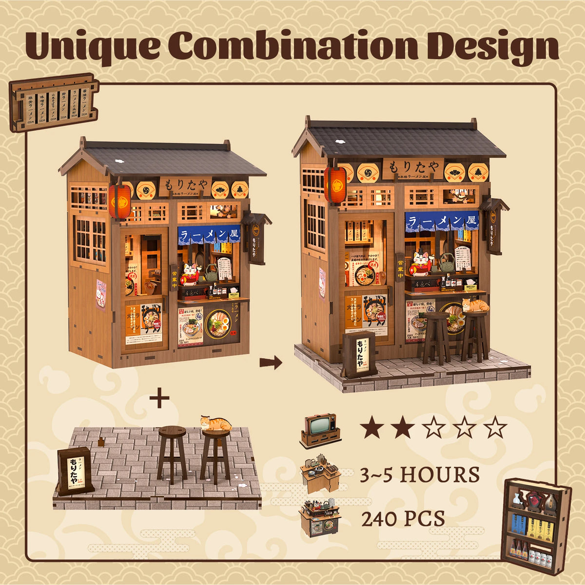 240-Piece Japanese Ramen Shop Book Nook Kit DIY Miniature Wooden Dollhouse 3D Bookshelf Decor Gift