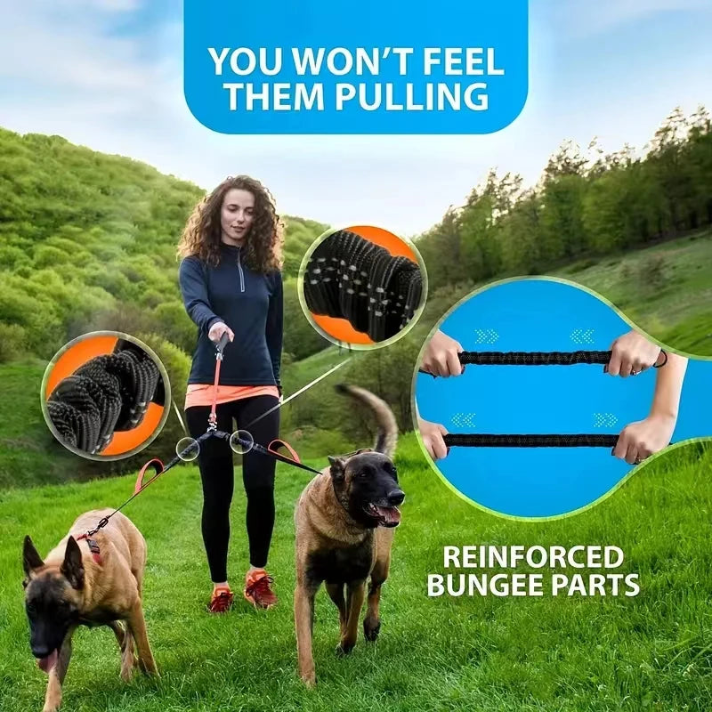 Dual Dog Leash Coupler - Padded Handles No-Tangle Bungee No-Pull Leash with 360° Swivel & Reflective Trim
