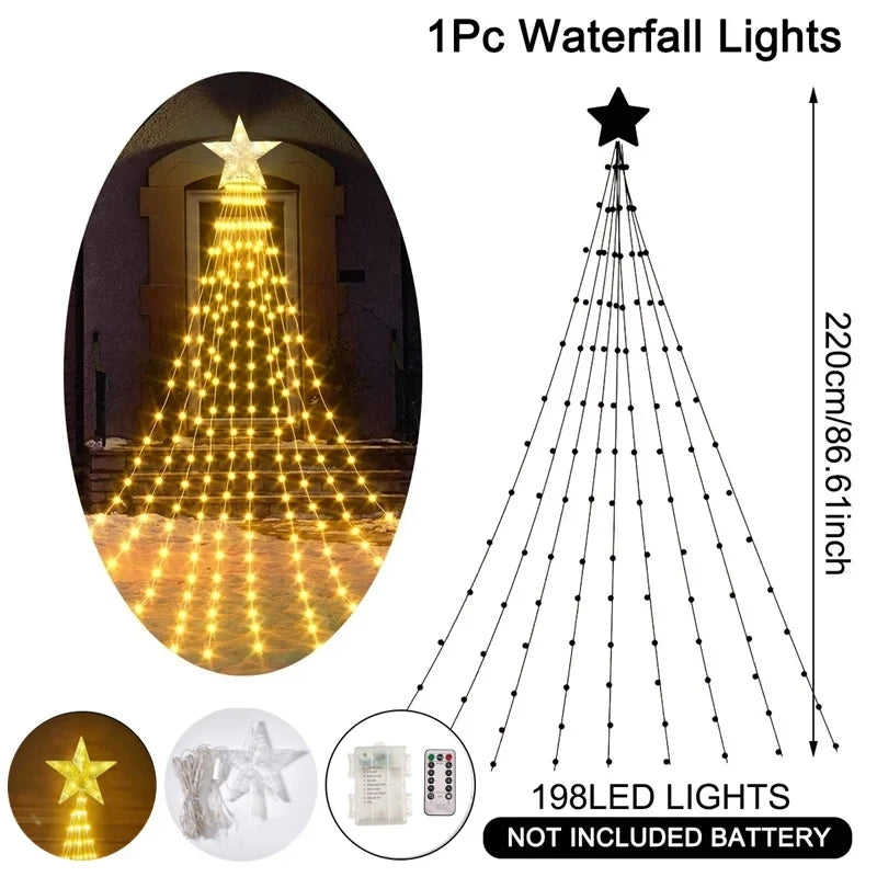 Pentagram Waterproof 2.2M (7.2 ft) 198-LED Waterfall Fairy String Lights USB/Battery Powered for Christmas Tree Patio Camping