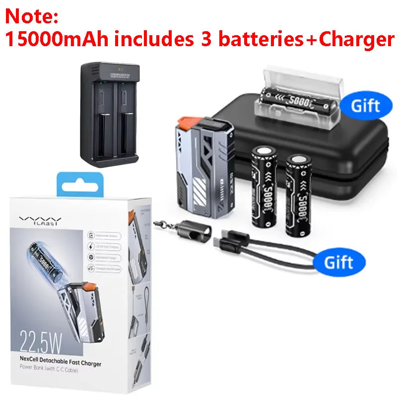 Replaceable Power Bank 10,000–40,000mAh | 22.5W Fast Charge External Battery Pack with Built-in Cable & USB-C